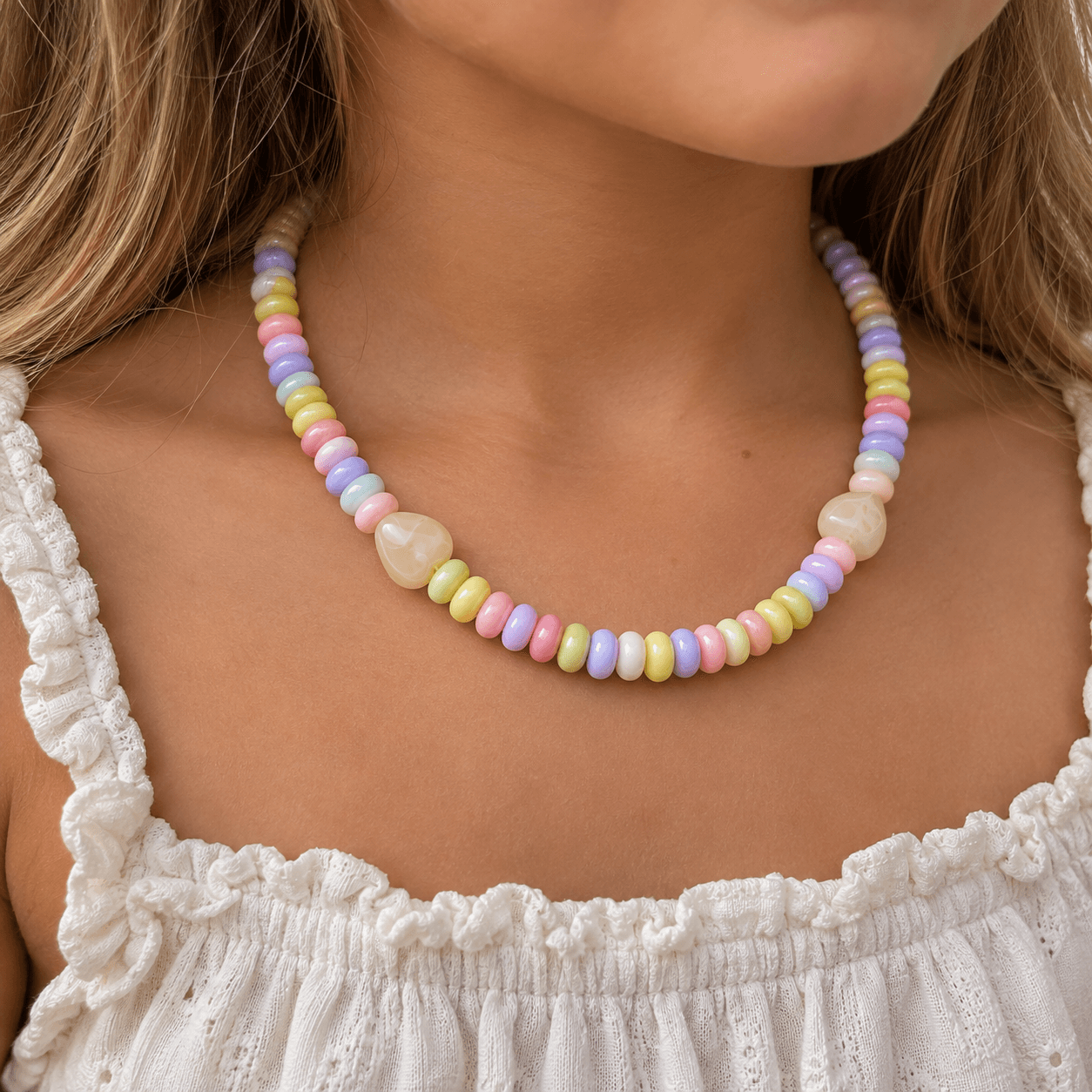 Pastelkleurige kralenketting bij rufflejurk